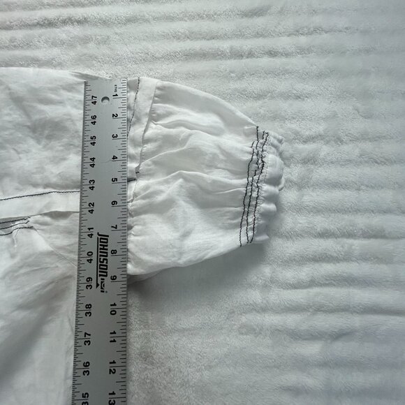 Maeve Womens White Oversized V-Neck Ruffle Trim Blouse Top Large Black Trim - Picture 9 of 10